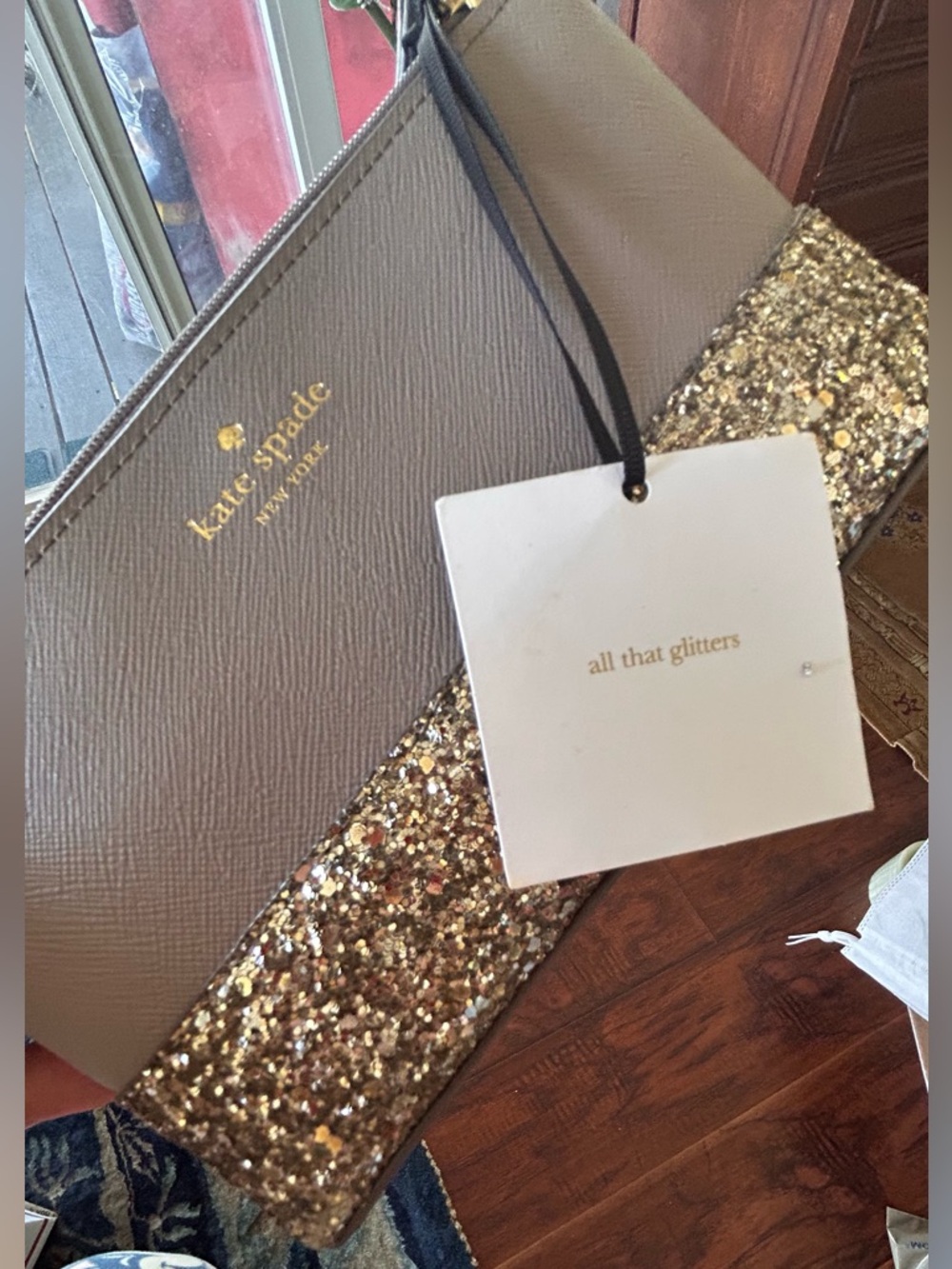 Kate Spade NWT Taupe/Silver Glitter Pouch  bag - Picture 7 of 7